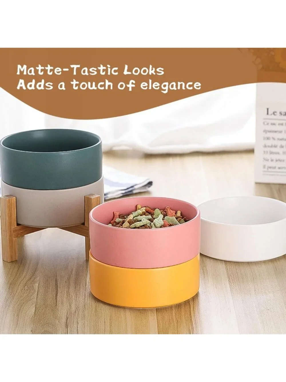 Elevated Ceramic Cat & Dog Bowl with Bamboo Stand - Anti-Vomiting, Stress-Free